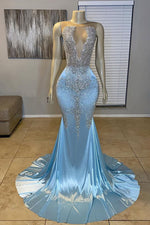 Sky Blue Sleeveless Scoop Mermaid Prom Dresses Long With Beadings Online