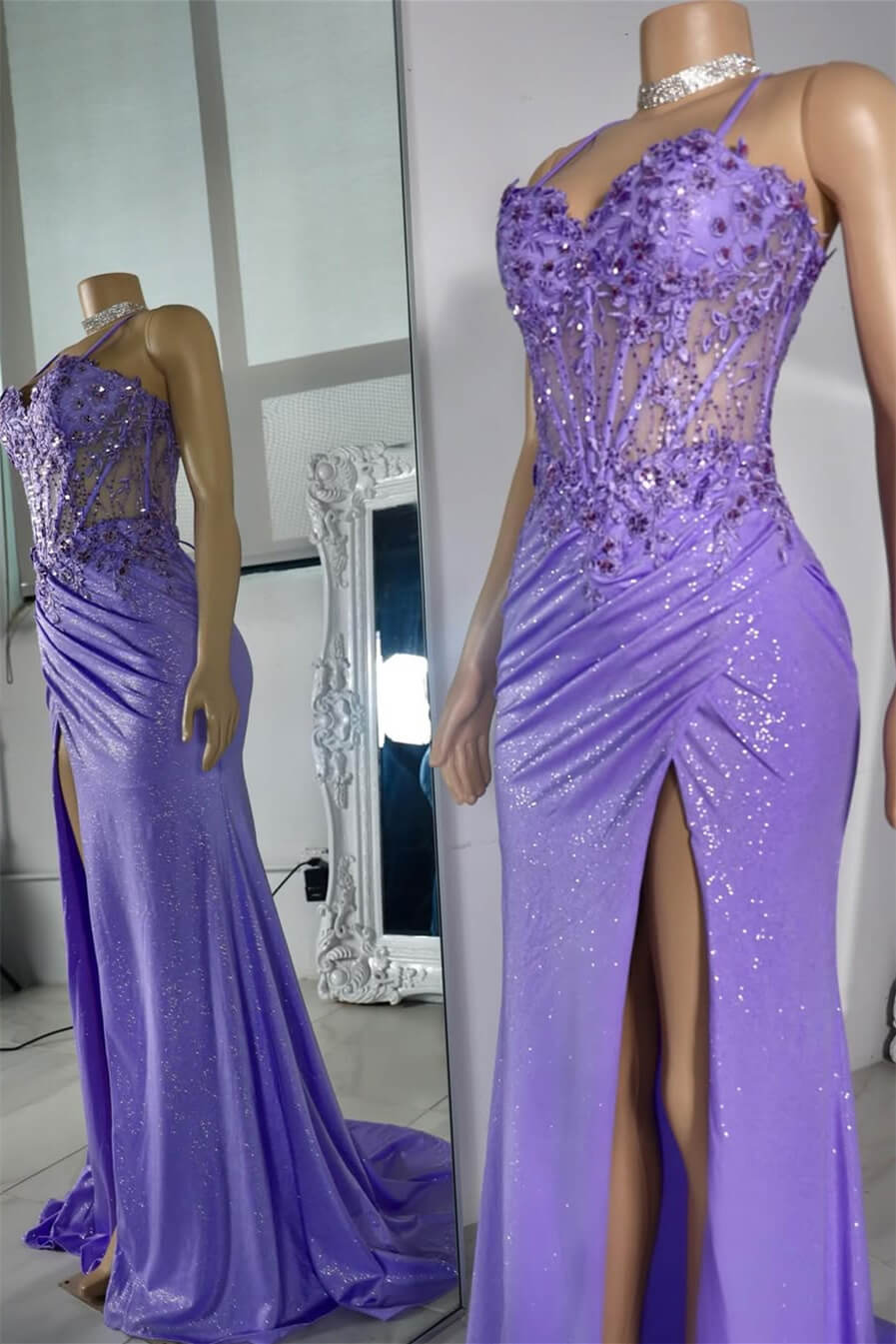 Classic Lilac Sweetheart Sheath Sleeveless Mermaid Prom Dresses Split With Sequins Appliques Lace-up Back