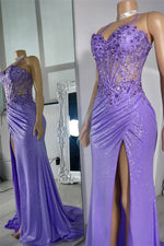 Classic Lilac Sweetheart Sheath Sleeveless Mermaid Prom Dresses Split With Sequins Appliques Lace-up Back
