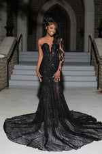 Modern Black Scoop One Shoulder Long Sleeve Prom Dress Mermaid Sequins With Beadings