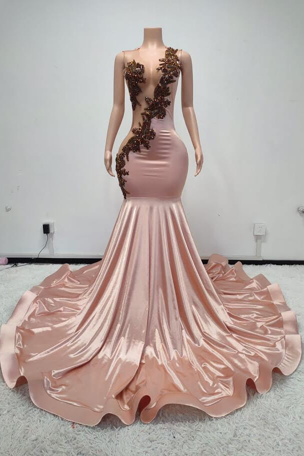 Sleeveless Scoop Mermaid Prom Dresses Long Open Back With Beadings