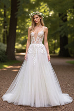 V-Neck Spaghetti-Straps Sleeveless Tulle Wedding Gowns A-Line With Appliques Backless