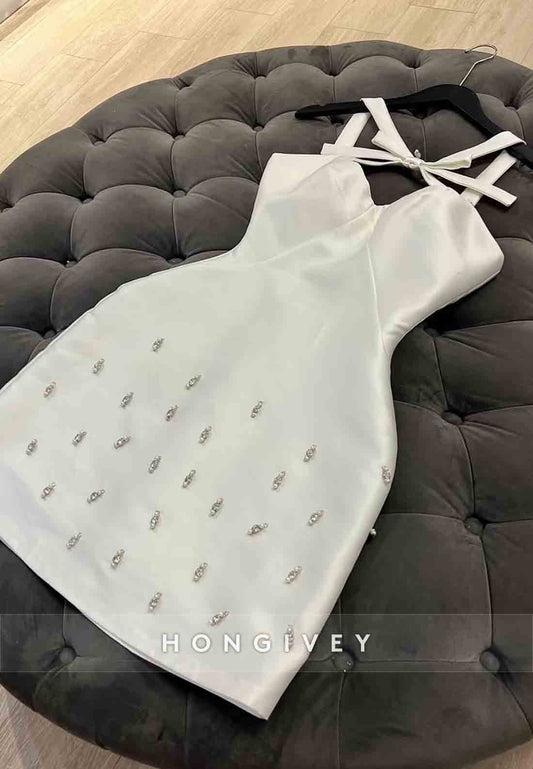 Beading Regular Straps Mini Bowknot Satin Pleated Homecoming Dresses