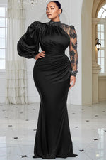 Plus Size Formal Blue Mock Neck Lantern Sleeve Long Sleeve Drilling Elegant See Through Tulle Satin Maxi Dresses