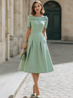 Mint Green Off-Shoulder Short Sleeve Fit-and-Flare Midi Dress With Pockets