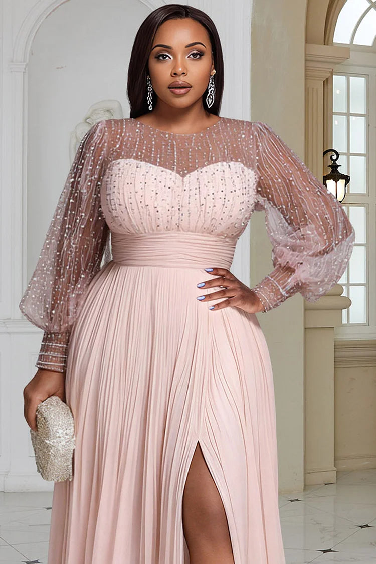 Plus Size Formal Blush Round Neck Long Sleeve Split Elegant See Through Sequin Chiffon Maxi Dresses