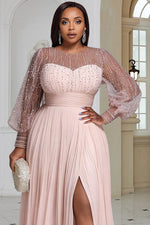 Plus Size Formal Blush Round Neck Long Sleeve Split Elegant See Through Sequin Chiffon Maxi Dresses