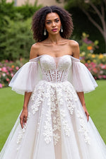 Ruffles Sleeves Off-the-Shoulder Princess Tulle Wedding Dress Sweetheart With Appliques