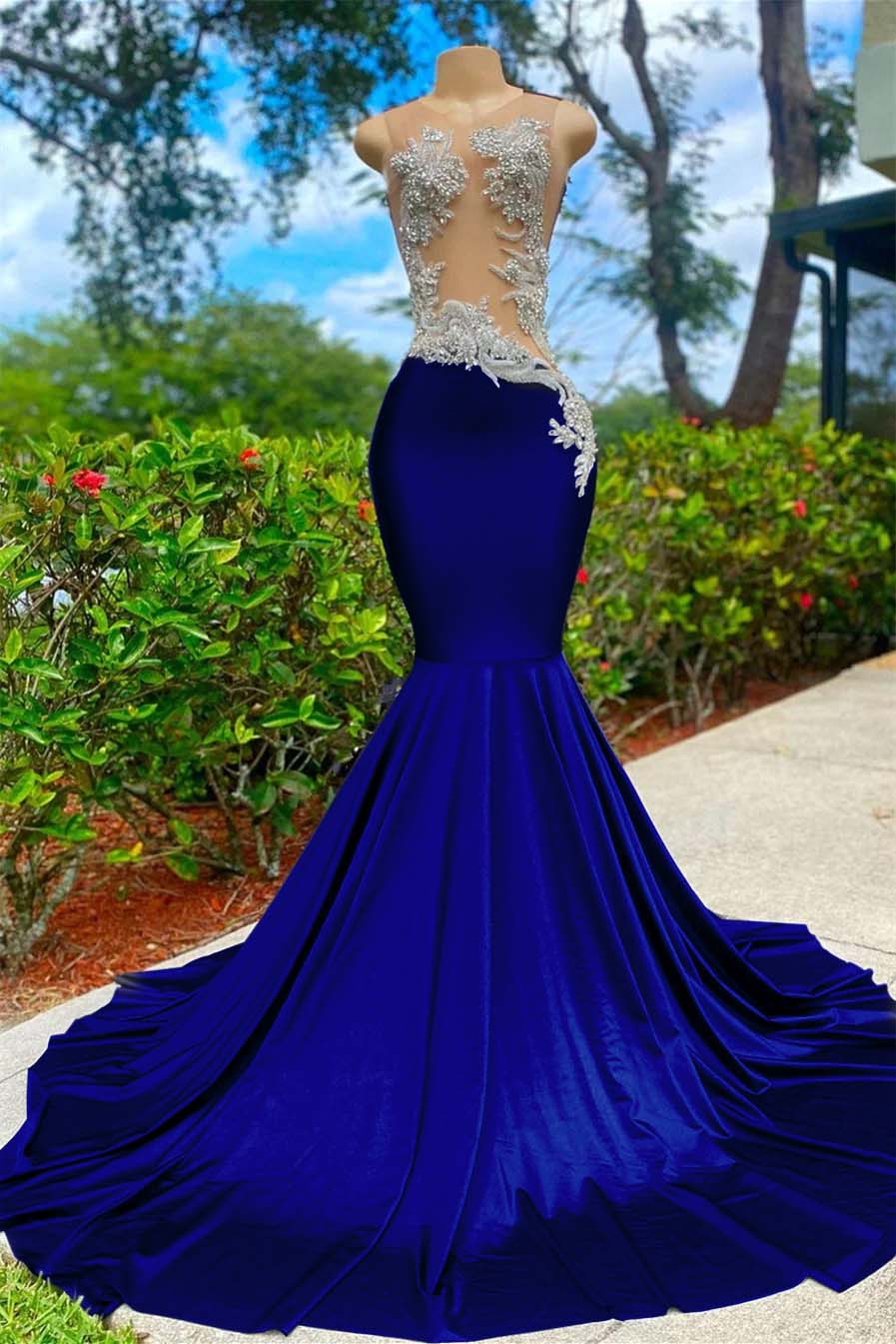 Hidais Shining Sleeveless V Neck Mermaid Long Prom Dress With Appliques
