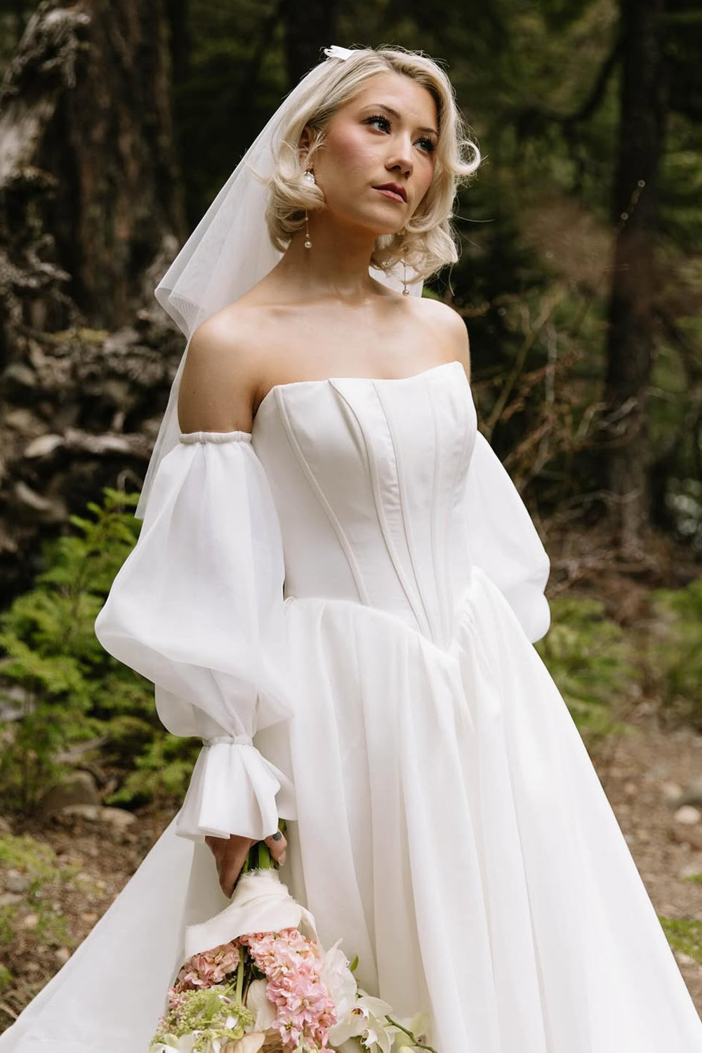 Charming A-Line Strapless White Satin Organza Wedding Dresses with Long Sleeves