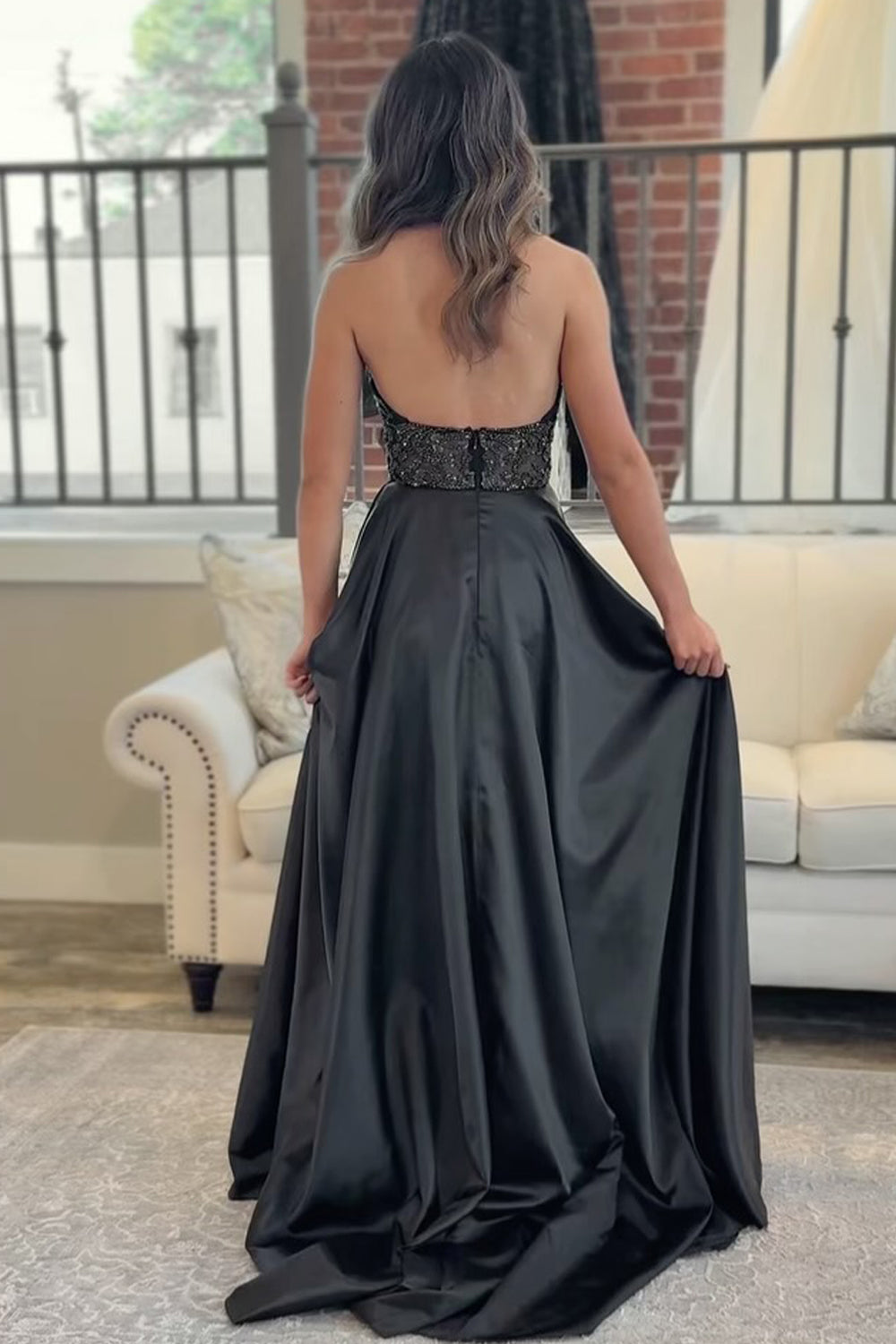 Gorgeous A Line V Neck Black Satin Prom Dress with Beading
