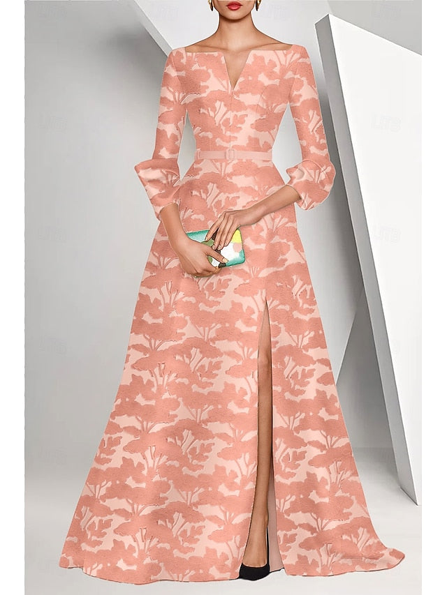 Flowers Floral Print 3/4 Sleeve A-Line Side Slit Floor-Length Evening Dress