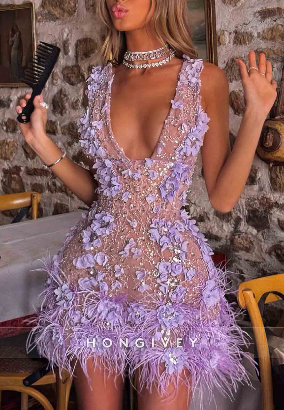 Low V-Neck Feather Sexy Rhinestone Sleeveless Flowers Mini Homecoming Dresses