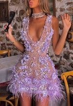 Low V-Neck Feather Sexy Rhinestone Sleeveless Flowers Mini Homecoming Dresses