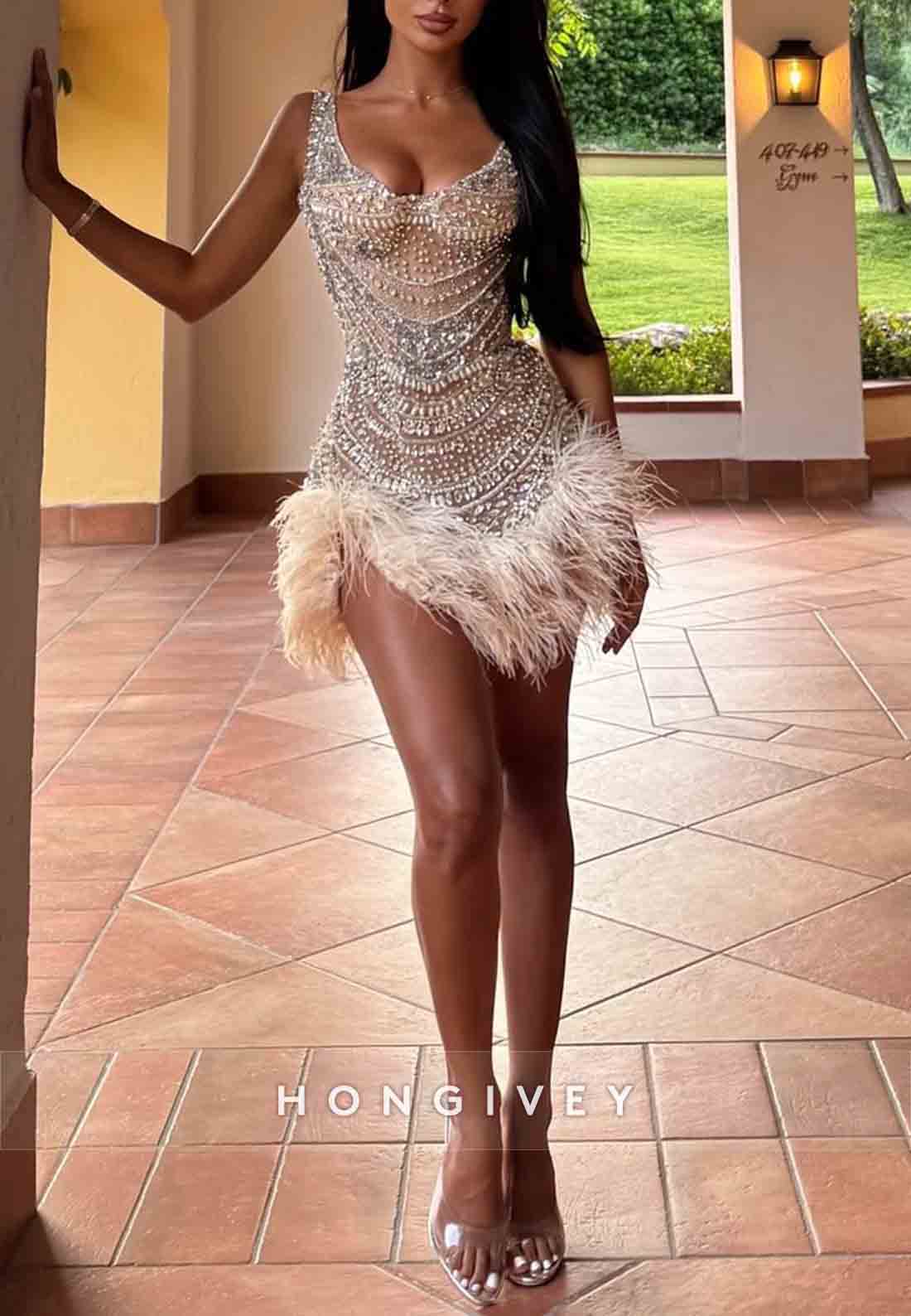 Sexy Regular Straps Feather Beading Sleeveless Pleated Mini Homecoming Dresses