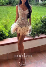 Sexy Regular Straps Feather Beading Sleeveless Pleated Mini Homecoming Dresses