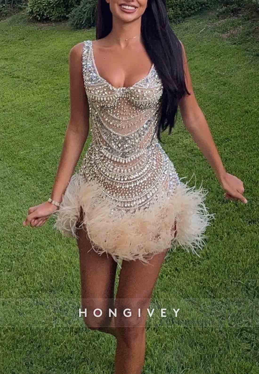 Sexy Regular Straps Feather Beading Sleeveless Pleated Mini Homecoming Dresses