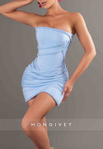 Sky Blue Strapless Mini Sheath Crisscross Back Homecoming Dress with Weaving Rope
