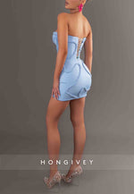 Sky Blue Strapless Mini Sheath Crisscross Back Homecoming Dress with Weaving Rope