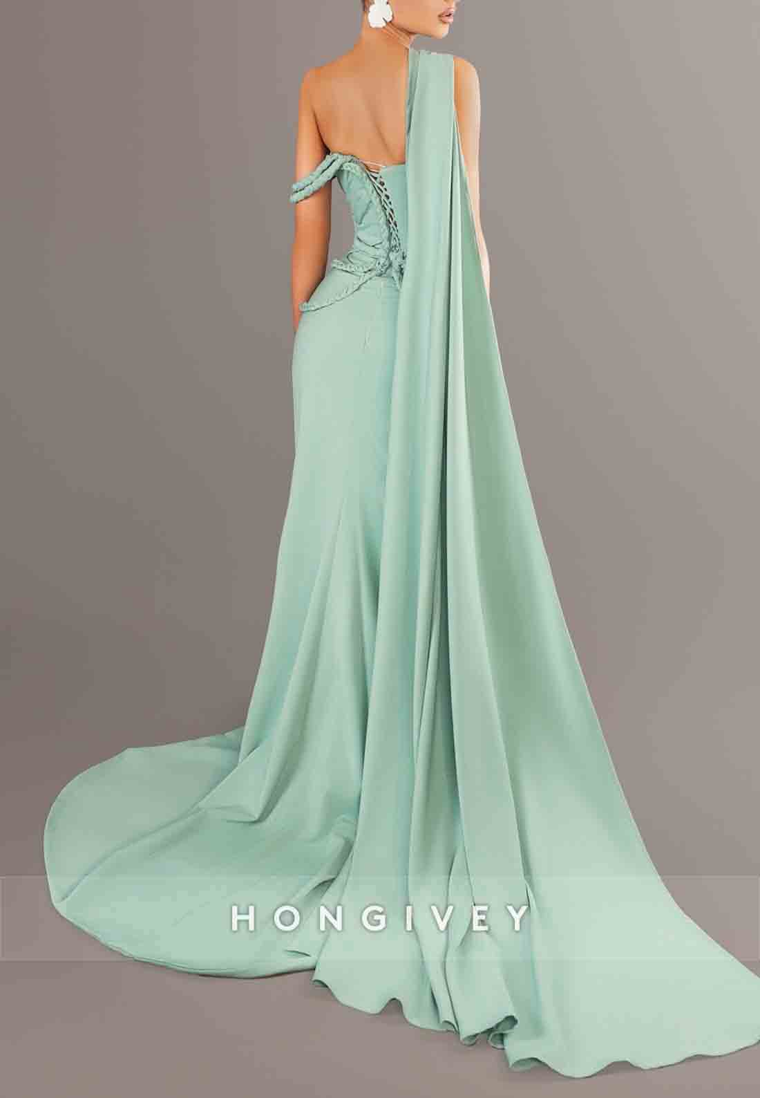 Trumpet Side Draping Turquoise One Shoulder Prom Dresses with High Slit