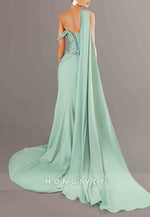 Trumpet Side Draping Turquoise One Shoulder Prom Dresses with High Slit
