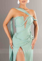 Trumpet Side Draping Turquoise One Shoulder Prom Dresses with High Slit