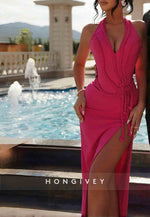 Lace-Up Halter V-Neck High Slit Fuchsia Column Prom Dresses