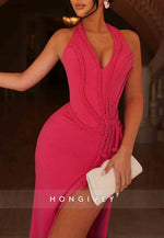 Lace-Up Halter V-Neck High Slit Fuchsia Column Prom Dresses