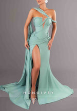 Trumpet Side Draping Turquoise One Shoulder Prom Dresses with High Slit
