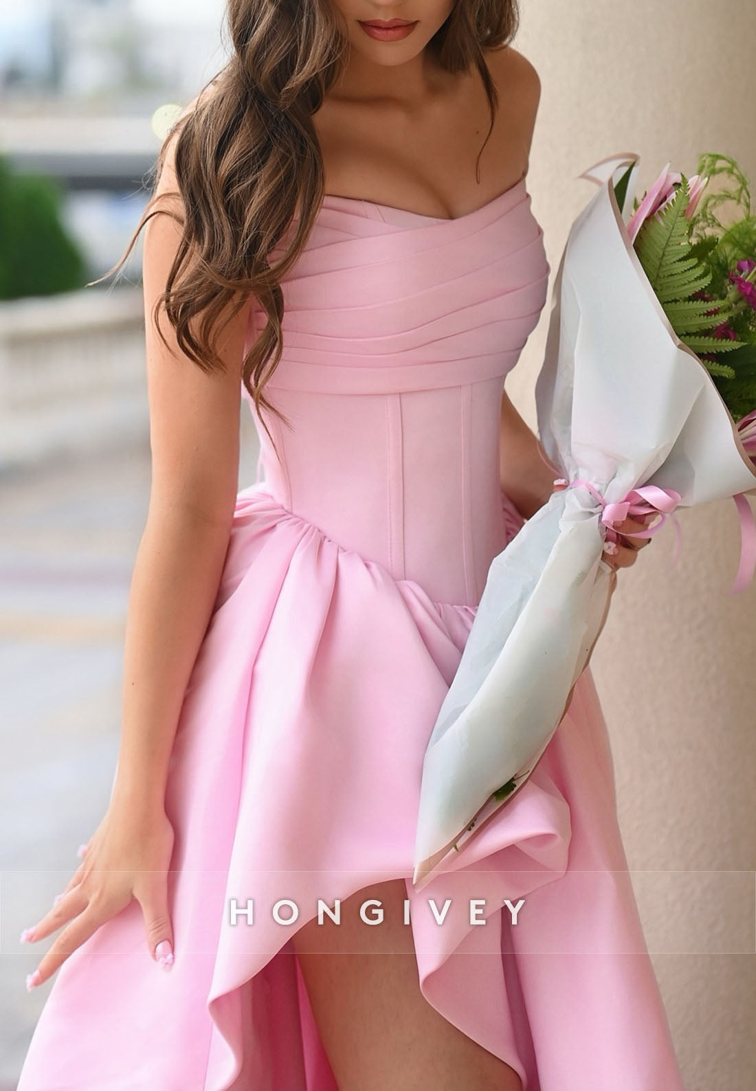 Pink Strapless Side Slit A-Line Floor-Length Pleated Empire Evening Gowns
