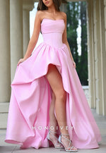 Pink Strapless Side Slit A-Line Floor-Length Pleated Empire Evening Gowns