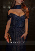 Off the Shoulder Column High Slit Navy Blue V-Neck Glitter Prom Dresses