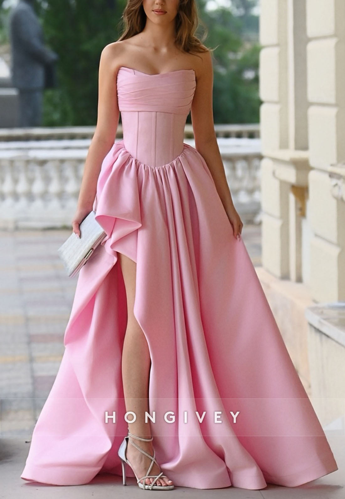 Pink Strapless Side Slit A-Line Floor-Length Pleated Empire Evening Gowns