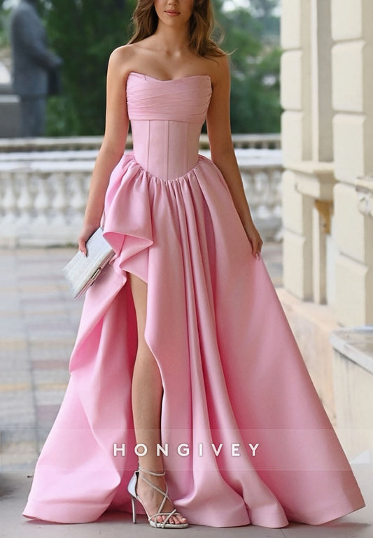 Pink Strapless Side Slit A-Line Floor-Length Pleated Empire Evening Gowns