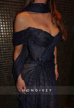 Off the Shoulder Column High Slit Navy Blue V-Neck Glitter Prom Dresses