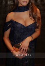 Off the Shoulder Column High Slit Navy Blue V-Neck Glitter Prom Dresses