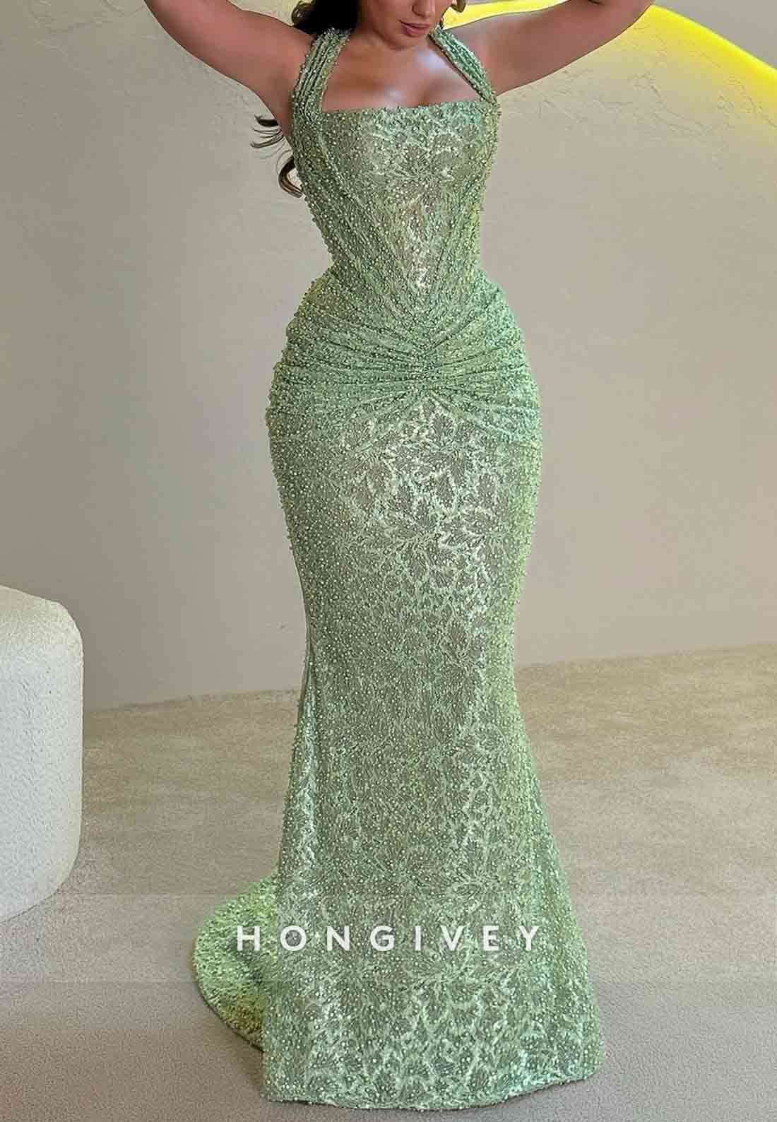 Sparkly Sage Beaded Floor-Length Pleated Trumpet Prom Dresses