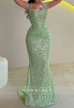 Sparkly Sage Beaded Floor-Length Pleated Trumpet Prom Dresses