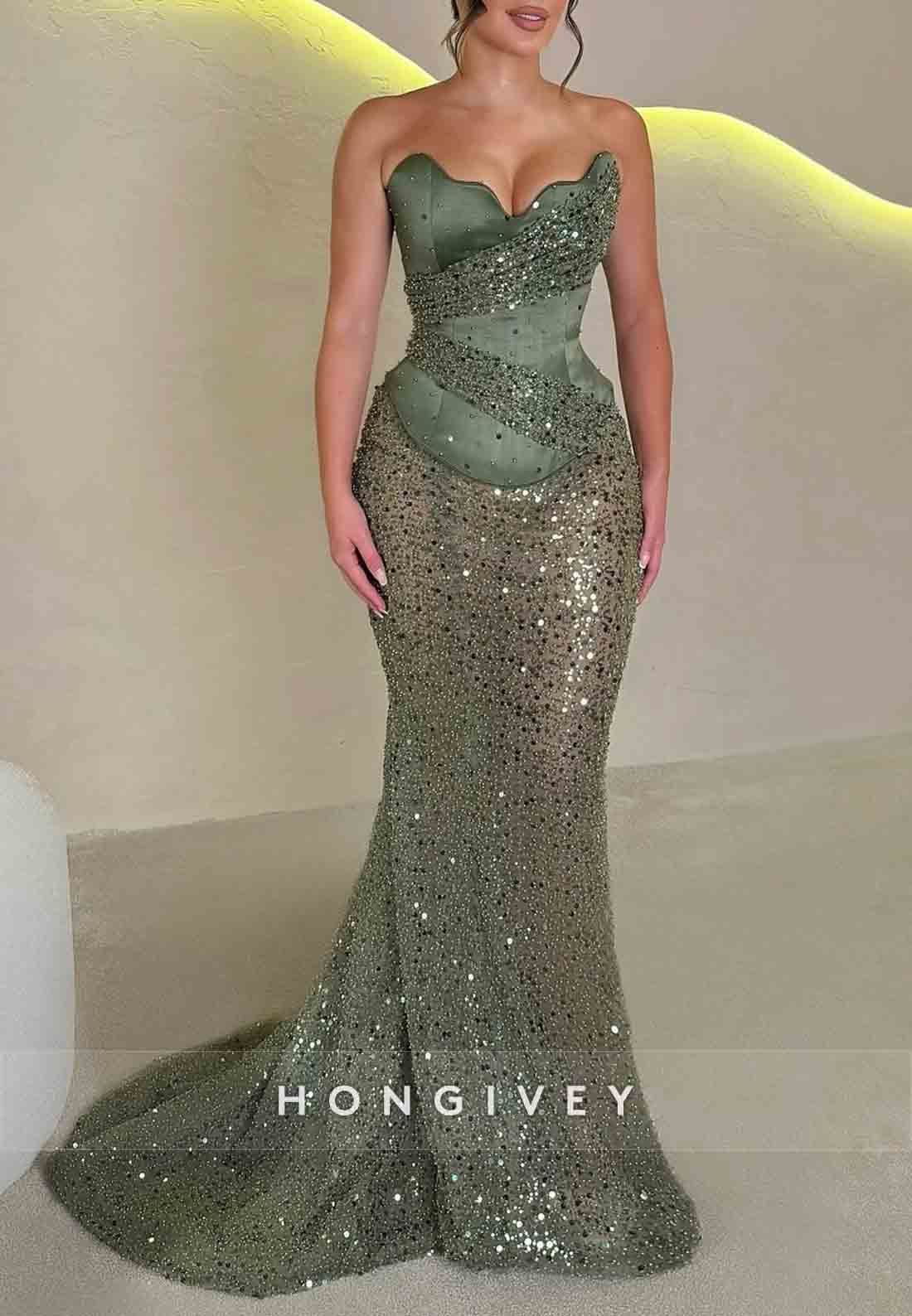 Green Sparkly Strapless Scalloped Neck Sweep Train Mermaid Sequined Evening Gowns