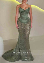 Green Sparkly Strapless Scalloped Neck Sweep Train Mermaid Sequined Evening Gowns
