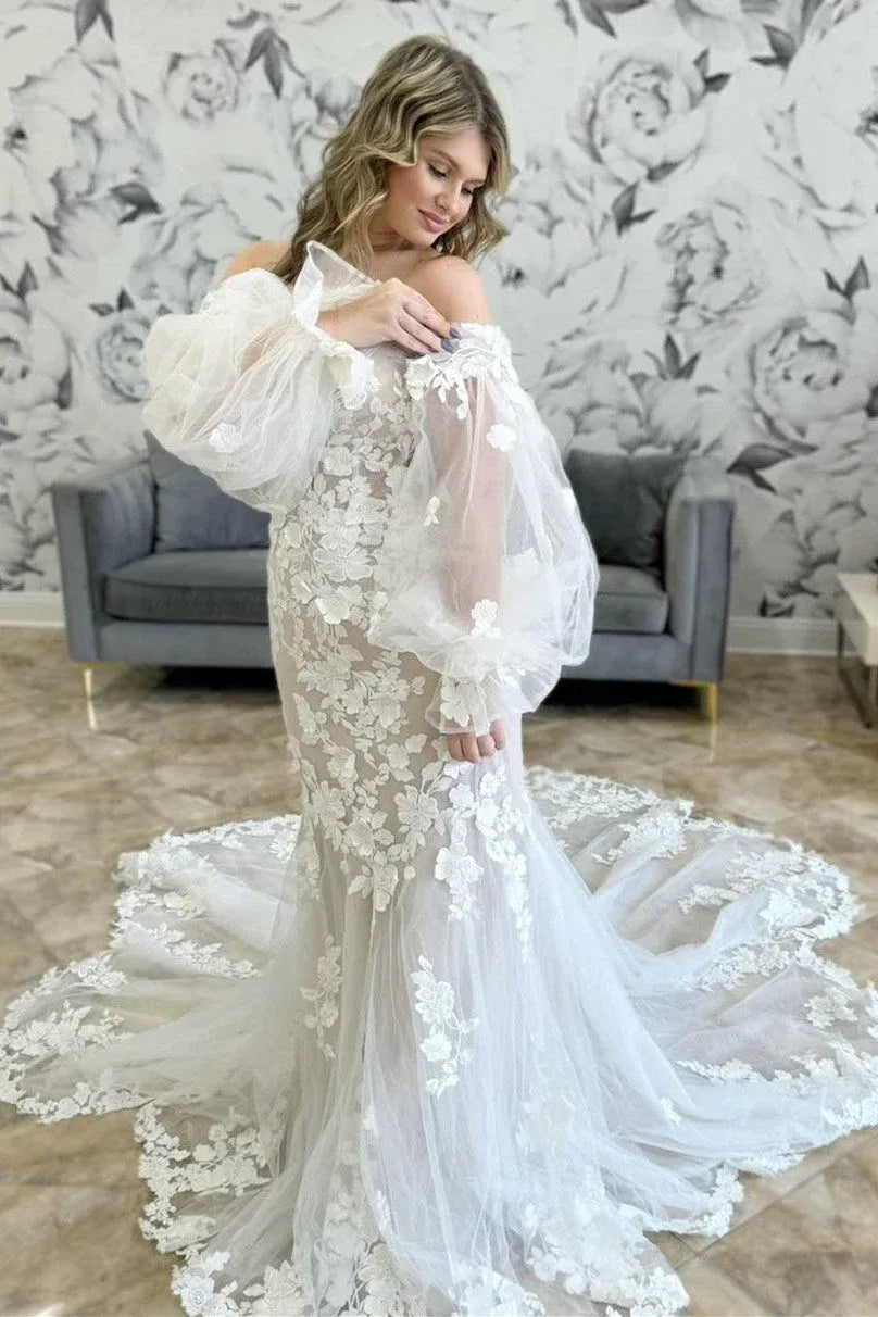 Flowy Lace Wedding Dresses with Sleeves Off-The-Shoulder Mermaid