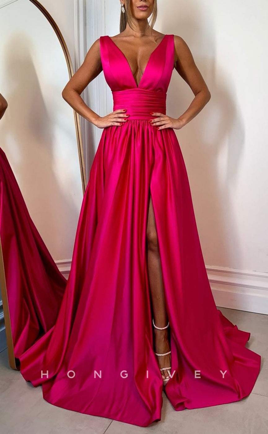 L2702 - Satin A-Line V-Neck Sleeveless Ruched With Side Slit Train Party Prom Evening Dress