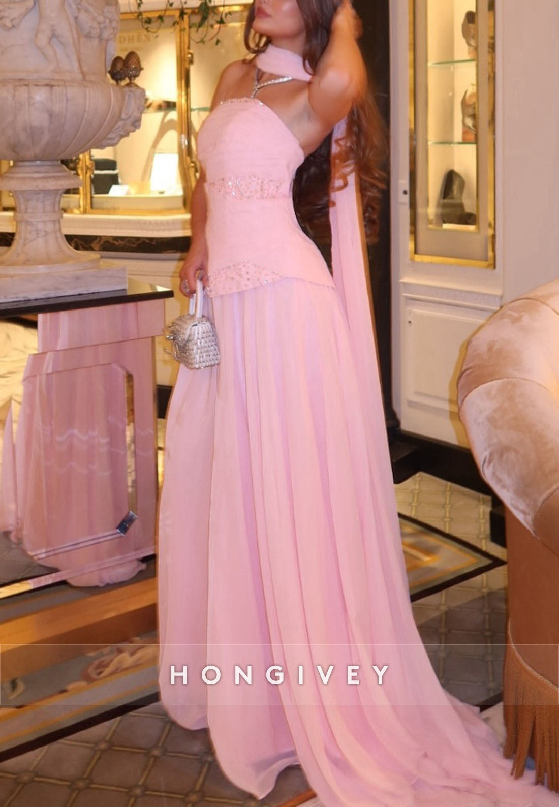 Pink Strapless A-Line Halter Neck Floor-Length Wedding Guest Dress