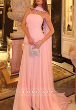 Pink Strapless A-Line Halter Neck Floor-Length Wedding Guest Dress