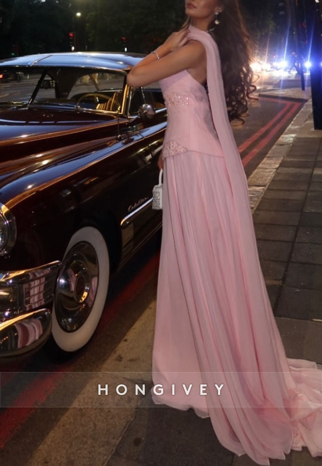 Pink Strapless A-Line Halter Neck Floor-Length Wedding Guest Dress