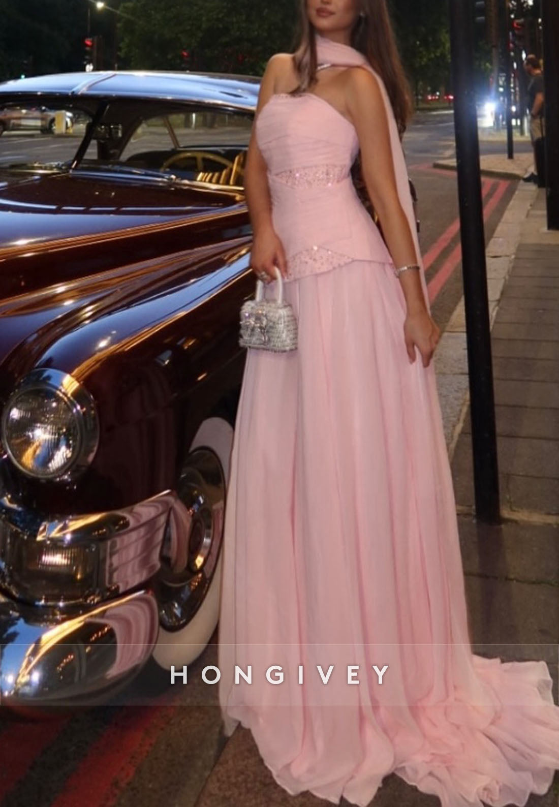 Pink Strapless A-Line Halter Neck Floor-Length Wedding Guest Dress
