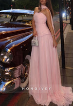Pink Strapless A-Line Halter Neck Floor-Length Wedding Guest Dress