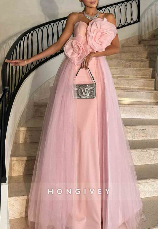 Light Pink A-Line Tulle Strapless Floor-Length Evening Gowns with 3D Flowers
