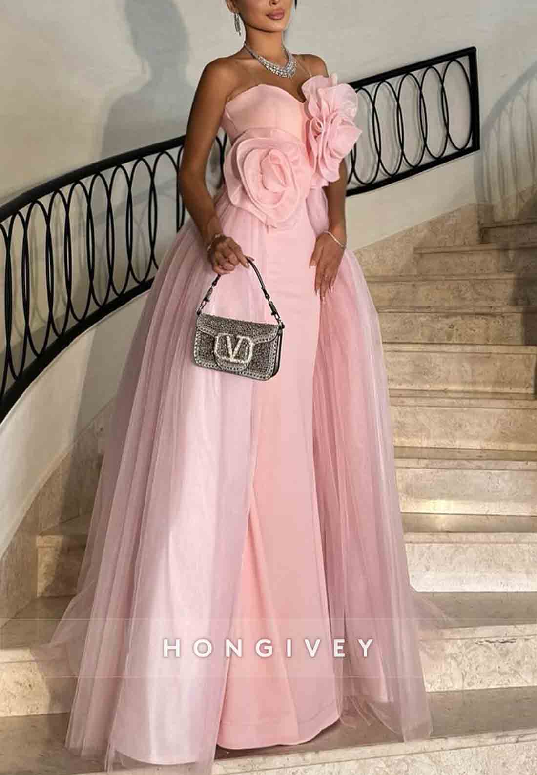 Light Pink A-Line Tulle Strapless Floor-Length Evening Gowns with 3D Flowers