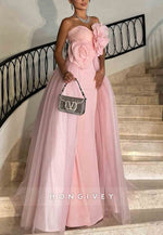 Light Pink A-Line Tulle Strapless Floor-Length Evening Gowns with 3D Flowers
